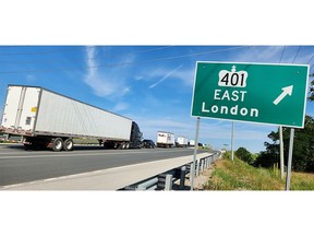 Provincial police have Highway 401 closed off between Communication Road and Kent Bridge Road for a fatal crash investigation Tuesday. (Trevor Terfloth/Postmedia Network)