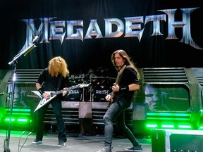 Dave Mustaine (left) and Kiko Loureiro (right) of Megadeth performing at Ozzfest in Los Angeles, California, in September 2016.