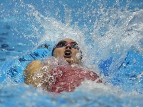 Kylie Masse of Canada competes in the women's 100-metre backstroke semifinal at the World Swimming Championships in Fukuoka, Japan, Monday, July 24, 2023. Masse just missed the podium in the women's 100-metre backstroke final at the World Aquatics Championships on Tuesday. The four-time Olympic medallist finished fourth, one spot ahead of fellow Canadian Ingrid Wilm.