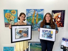Maryam Safarzadeh (left) and Debbie Kay (right), co-curators of the Walkerville Arts Collective, show locally-created paintings meant for the Van Gogh Remix art exhibition that opens July 28. (Dalson Chen