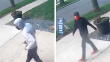 Surveillance camera images of two suspects in a stabbing at an apartment building in the 3500 block of Peter Street in Windsor on July 25, 2023.