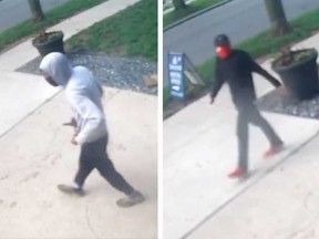 Surveillance camera images of two suspects in a stabbing at an apartment building in the 3500 block of Peter Street in Windsor on July 25, 2023.