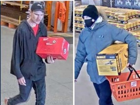 Surveillance camera images of two suspects in thefts from Home Depot retail locations in Windsor. Issued by police in 2023.
