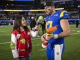 Los Angeles Rams quarterback Baker Mayfield is interviewed after being selected as Nickelodeon NVP against the Denver Broncos.