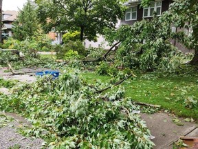 A severe storm rolled through Chatham-Kent overnight, knocking out power to thousands and causing widespread damage to trees and property. Here, a property on King Street West in Chatham is shown Friday morning. (Trevor Terfloth/The Daily News)