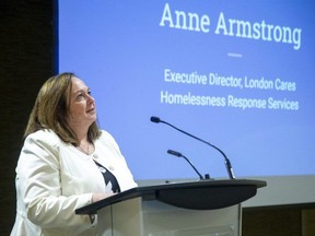 Anne Armstrong, executive director of London Cares Homelessness Response Services, speaks during a press conference on Tuesday February 21, 2023. (Derek Ruttan/The London Free Press)