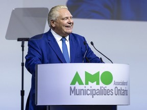 Ontario Premier Doug Ford speaks at the Association of Municipalities of Ontario conference at RBC Place in London on Monday, Aug. 21, 2023. (Derek Ruttan/The London Free Press)