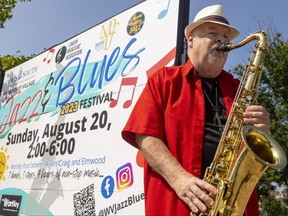 Chris Murphy, a music stalwart in London, gives a preview Wednesday, Aug. 16, 2023, of how he'll play in the jazz and blues festival taking place in Wortley Village in London on Sunday. (Mike Hensen/The London Free Press)