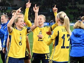 Sweden's players celebrate their win at the end of the Australia and New Zealand 2023 Women's World Cup round of 16 football match between Sweden and USA at Melbourne Rectangular Stadium in Melbourne on August 6, 2023.