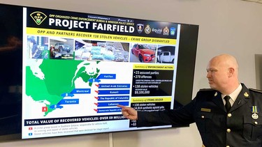 Det. Insp. Andy Bradford of OPP points out details of Project Fairfield - a joint-forces multi-jurisdiction investigation into an auto theft ring operating out of Windsor. Photographed in Windsor on Aug. 3, 2023.