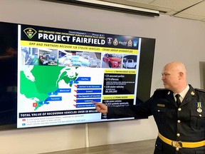 Det. Insp. Andy Bradford of OPP points out details of Project Fairfield - a joint-forces multi-jurisdiction investigation into an auto theft ring operating out of Windsor. Photographed in Windsor on Aug. 3, 2023.