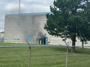 Smoke escapes the Wheatley water treatment plant during a fire Wednesday afternoon of last week. Damage from the fire forced the plant to close, the Municipality of Chatham-Kent said. (Chatham-Kent fire and emergency services X photo)