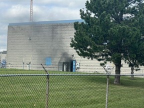 Smoke escapes the Wheatley water treatment plant during a fire Wednesday afternoon. Damage from the fire forced the plant to close, the Municipality of Chatham-Kent said. (Chatham-Kent fire and emergency services X photo)