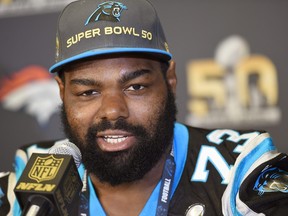 Tackle Michael Oher of the Carolina Panther addresses the media prior to Super Bowl 50 in 2016.