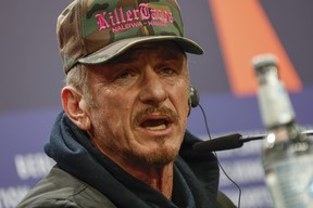 Sean Penn speaks at the press conference for the film 'Superpower' during the Berlin FIlm Festival on Feb. 18, 2023.