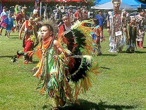 Jasper Jamieson, 9, of London, who comes from Beausoleil First Nation in the southern tip of Georgian Bay on Christian, Beckwith and Hope Islands, was showing his dancing skills during the 51st Delaware Nation Competition Pow Wow in Moraviantown on Saturday. PHOTO Ellwood Shreve/Postmedia