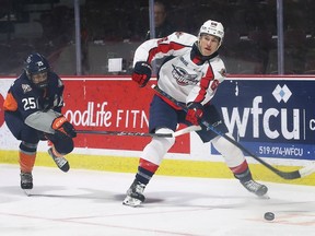 Windsor Spitfires' second-year forward Liam Greentree, at right, is being projected by NHL Central Scouting as a first-round pick in next year's draft.
