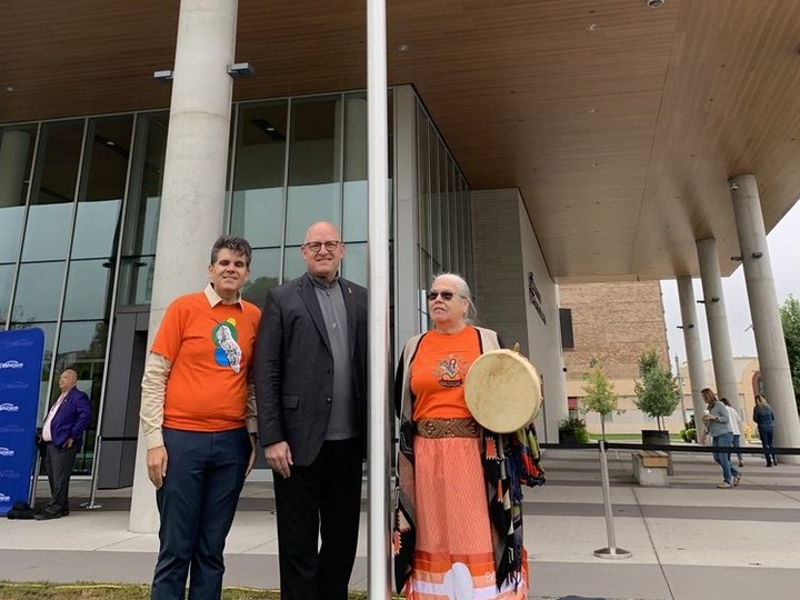  Windsor-Tecumseh MPP Andrew Dowie (left), joins Windsor Mayor Drew Dilkens and Indigenous storyteller Theresa Sims, a traditional Indigenous Knowledge Keeper and Elder from the upper Mohawk, Turtle Clan of the Six Nations Reserve, on Friday, Sept. 29, 2023.