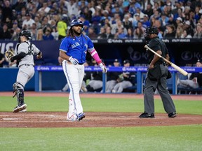 Blue Jays' Vladimir Guerrero Jr. reacts to striking out against the New York Yankees with the bases loaded to end the third inning at the Rogers Centre on Sept. 26, 2023 in Toronto.