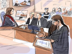 Justice Renee Pomerance (left to right), Nathaniel Veltman, defence counsel Peter Ketcheson and federal prosecutor Sarah Shaikh attend court at Veltman's trial in Windsor, Ont., Monday, Sept.11, 2023. Jurors at the trial of the man accused of murdering four members of a Muslim family in Ontario are set to see more footage today of him at a police station after his arrest. (THE CANADIAN PRESS/Alexandra Newbould)