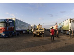 A convoy of aid trucks near the Rafah crossing, in North Sinai, Egypt, on Oct. 17. Photographer: Mahmoud Khaled/Getty Images