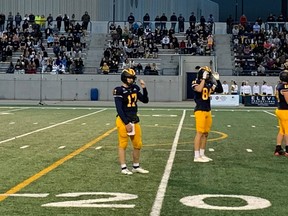 Freshman quarterback Nick Dimovski, at left, came off the bench on Saturday to rally the University of Windsor Lancers to the team's first OUA football play win since 2011.