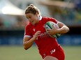 Team Canada's Sophie De Goede finds an opening against Team Mexico during women's rugby action at the Rugby Sevens Paris 2024 Olympic qualification event at Starlight Stadium in Langford, B.C., on Saturday, August 19, 2023.