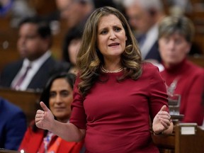 Minister of Finance Chrystia Freeland responds to a question after delivering the 2023 Fall Economic Statement — which emphasized housing — in the House of Commons on Nov. 21.
