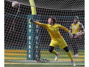 St. Clair College Saints' Jonathan Rondinelli dives to make s save during the CCAA men's soccer championship.