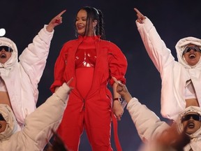 GLENDALE, ARIZONA - FEBRUARY 12: Rihanna performs onstage during the Apple Music Super Bowl LVII Halftime Show at State Farm Stadium on February 12, 2023 in Glendale, Arizona. (Photo by Gregory Shamus/Getty Images)