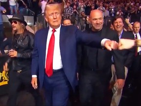 Screengrab of (L-R) Kid Rock, Donald Trump, Dana White and Tucker Carlson walking into Madison Square Garden in NYC at UFC 295 on Nov. 11, 2023.