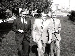 In this photo from 1978, Darcy McKeough, left, who had just retired from politics, is seen in Chatham with MP Andy Watson and Premier Bill Davis. (Supplied)