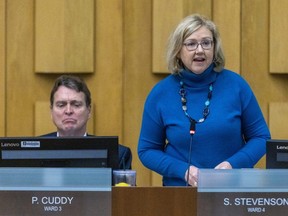 Ward 4 Coun. Susan Stevenson speaks during a debate at a London city council meeting on Tuesday, Dec. 19, 2023, about whether city council should reprimand her for social media posts about homelessness. (Derek Ruttan/The London Free Press)