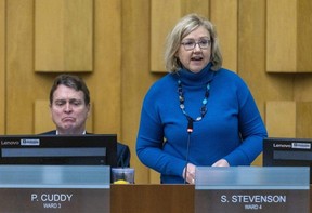 Ward 4 Coun. Susan Stevenson speaks during a debate at a London city council meeting on Tuesday, Dec. 19, 2023, about whether city council should reprimand her for social media posts about homelessness. (Derek Ruttan/The London Free Press)