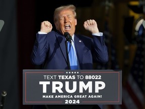 Former President Donald Trump gestures as he gives remarks during a campaign event held at Trendsetter Engineering, Thursday, Nov. 2, 2023, in Houston.