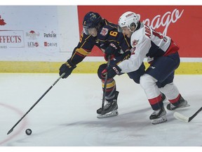 Windsor Spitfires' forward Ryan Abraham, right, tries to chase down Barrie Colts' defenceman Jack Brauti during Thursday's 4-1 win oat the WFCU Centre.