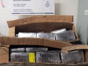 This photo was provided by the Canada Border Services Agency and RCMP following an alleged incident where officers discovered boxes containing 52 kilograms of suspected cocaine in a commercial truck at the Blue Water Bridge on Dec. 4, 2023. (CBSA/RCMP)