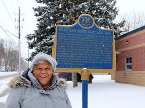 Dorothy Wallace-Wright, president of the Chatham-Kent Black Historical Society, is seen here with a plaque honouring Mary Ann Shadd, that is located outside the WISH Centre in Chatham. (Ellwood Shreve/Chatham Daily News)