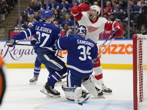 Detroit Red Wings right wing Christian Fischer celebrates a late go ahead goal by teammate Lucas Raymond, not shown, as Toronto Maple Leafs goalie Ilya Samsonov and teammate Timothy Liljegren react during third period NHL action in Toronto on Sunday, Jan. 14, 2024.