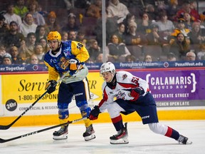 Windsor Spitfires' defenceman Connor Toms, at left, defends against Erie Otters' forward Pano Fimis during Saturday's game.