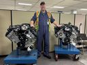 Essex Engine employee Mike Gauvin at Essex Engine plant on Thursday. He's pictured with a Coyote 5.0-litre V8 F-150 engine (on his right) and one for a Mustang on his left. 
Mike was part of the video Ford made on the creation of the GT3. Supplied by Ford Motor Company