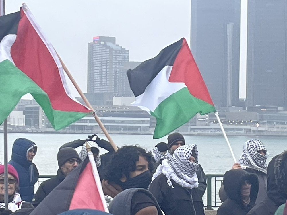 Protesters with Windsor4Peace seeking a halt to the fighting in Gaza gathered at the Great Canadian Flag on the riverfront Saturday, January 6, 2023. (Brian MacLeod/Windsor Star)