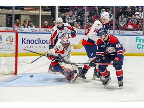Former Windsor Spitfires' forward Alex Christopoulos (48) scores a power-play goal on Windsor Spitfires goalie Joey Costanzo (33) during Sunday's game while teammates Conor Walton (28) and Josef Eichler (5) try to support.