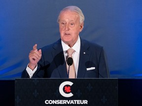 Former prime minister Brian Mulroney speaks at a Conservative campaign rally on Sept. 15, 2021 in Orford, Que.
