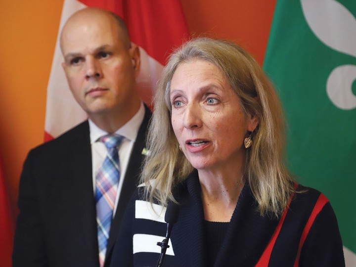  MPP France Gelinas (NDP — Nickel Belt) is shown during a press conference in Sudbury on Feb. 1, 2024, with MPP Jamie West (NDP — Sudbury).