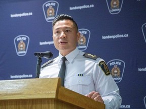 London police Chief Thai Truong speaks at a press conference in London on Thursday July 27, 2023. (Derek Ruttan/The London Free Press)