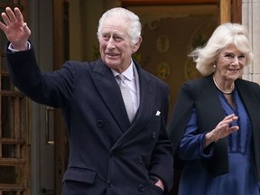 Britain's King Charles III and Queen Camilla leave The London Clinic in central London, Monday, Jan. 29, 2024. King Charles III was in hospital to receive treatment for an enlarged prostate.