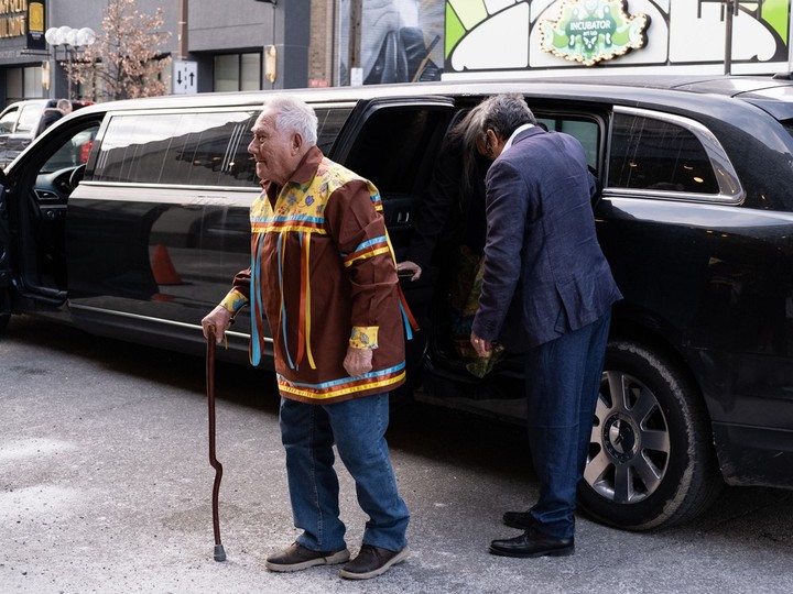  Mohawk Institute residential school survivor John Elliott arrives by limousine to the screening of The Nature of Healing at the Capitol Theatre on Wednesday, Feb. 21, 2024.