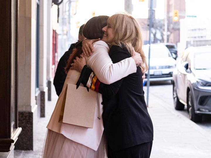 The Nature of Healing director Faith Howe embraces Beverly Jacobs, University of Windsor’s senior advisor to the president on Indigenous relations and outreach, before a screening of the documentary at the Capitol Theatre on Wednesday.