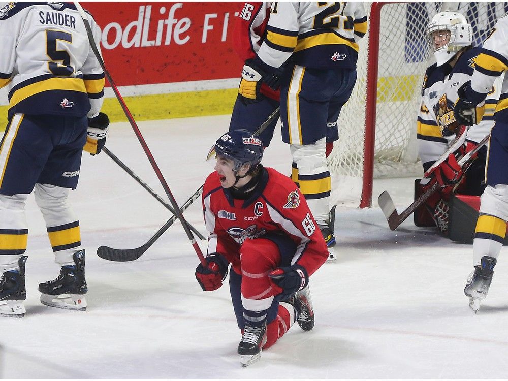 Windsor Spitfires' captain Liam Greentree celebrates his first-period goal on Thursday.